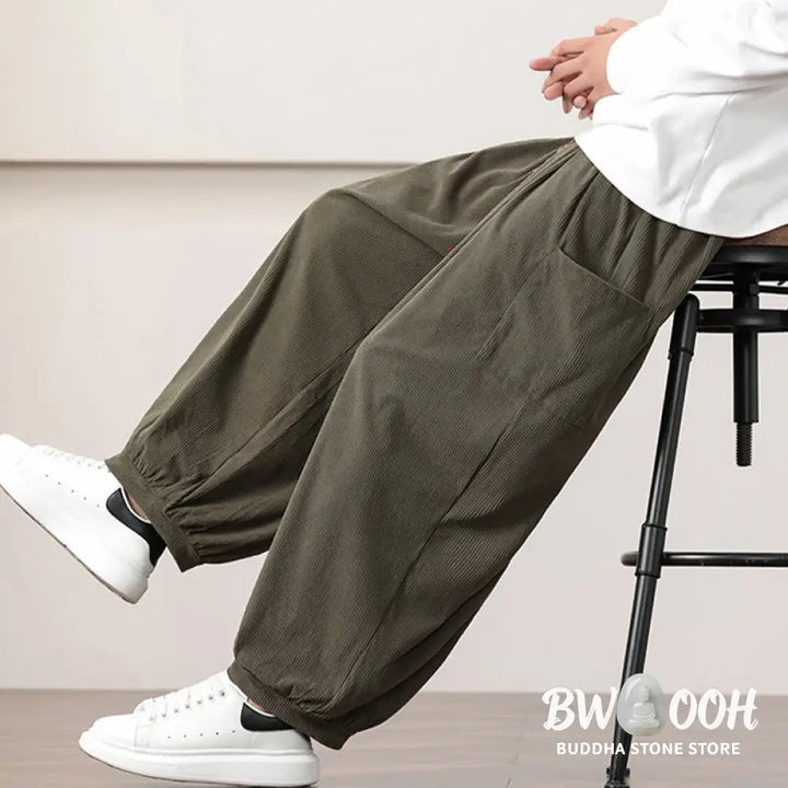 Buddha Stones Solid Color Corduroy Drawstring Men’s Harem Pants With Pockets - Men’s Harem Pants