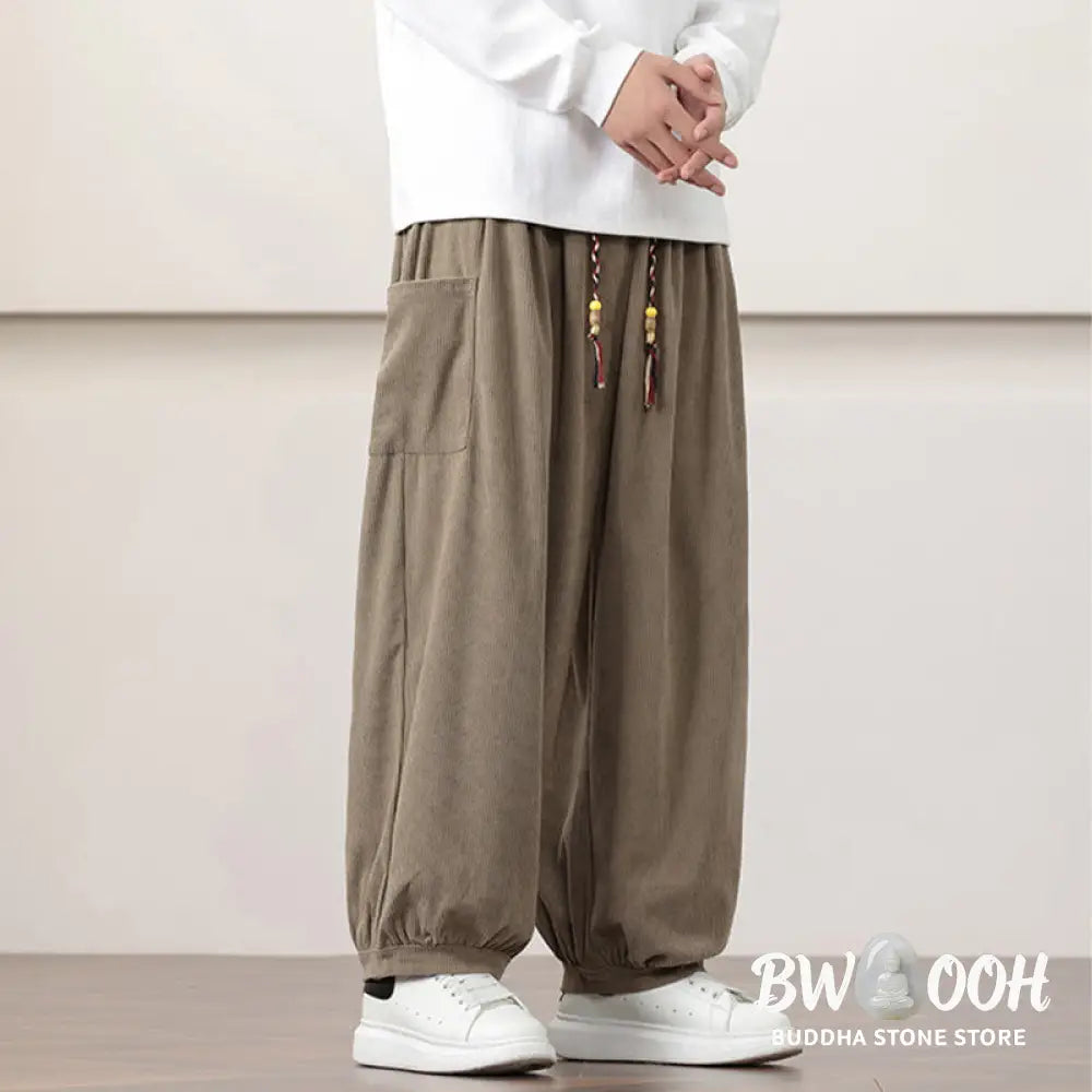 Buddha Stones Solid Color Corduroy Drawstring Men’s Harem Pants With Pockets - Men’s Harem Pants