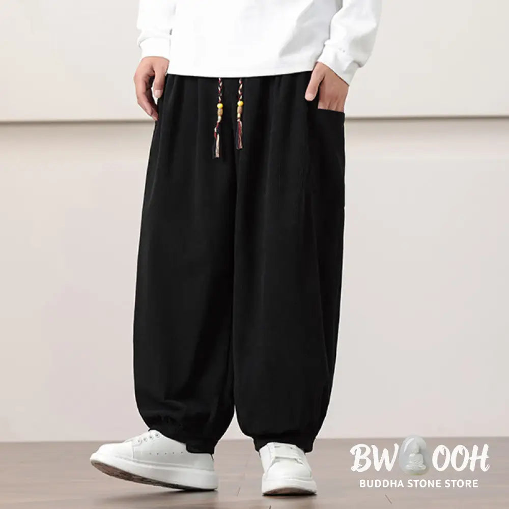 Buddha Stones Solid Color Corduroy Drawstring Men’s Harem Pants With Pockets - Men’s Harem Pants