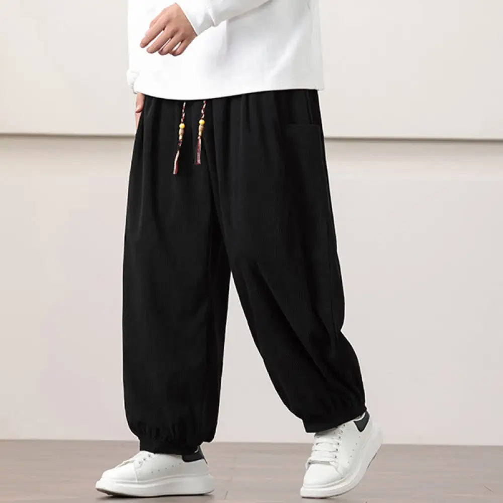 Buddha Stones Solid Color Corduroy Drawstring Men’s Harem Pants With Pockets - Black / US/UK/AU36，EU46 (L) - Men’s