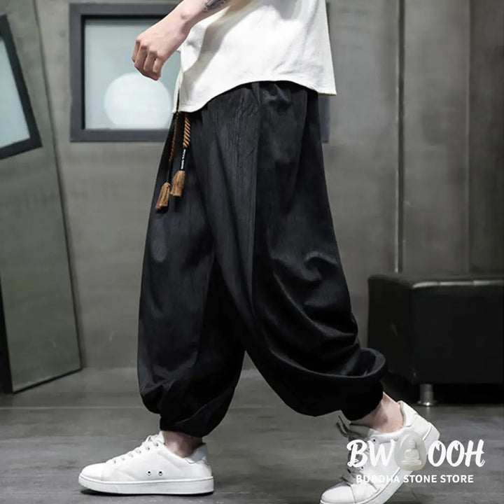 Buddha Stones Solid Color Corduroy Drawstring Thermal Men’s Harem Pants With Pockets - Men’s Harem Pants