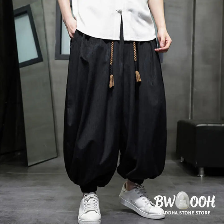 Buddha Stones Solid Color Corduroy Drawstring Thermal Men’s Harem Pants With Pockets - Men’s Harem Pants
