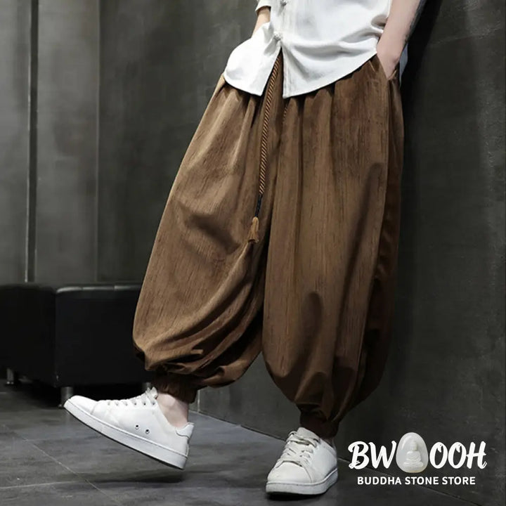 Buddha Stones Solid Color Corduroy Drawstring Thermal Men’s Harem Pants With Pockets - Men’s Harem Pants