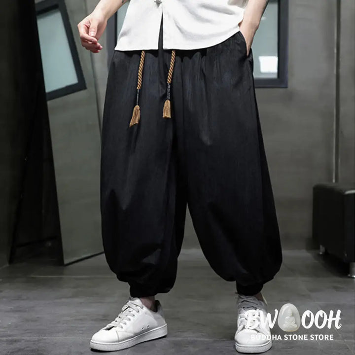 Buddha Stones Solid Color Corduroy Drawstring Thermal Men’s Harem Pants With Pockets - Men’s Harem Pants