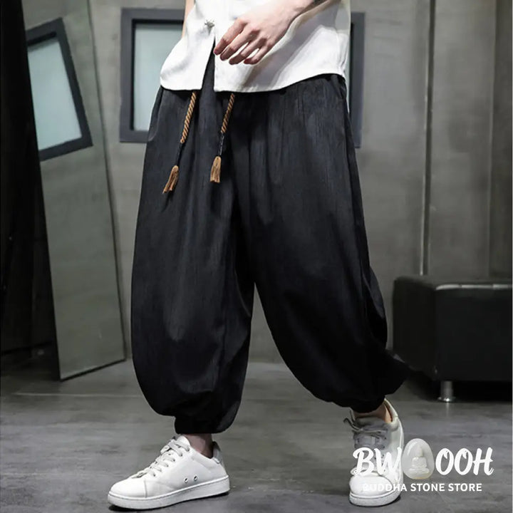 Buddha Stones Solid Color Corduroy Drawstring Thermal Men’s Harem Pants With Pockets - Men’s Harem Pants