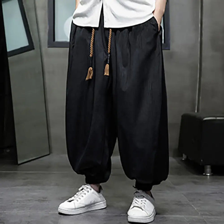 Buddha Stones Solid Color Corduroy Drawstring Thermal Men’s Harem Pants With Pockets - Black(Thermal) / US/UK/AU36，EU46