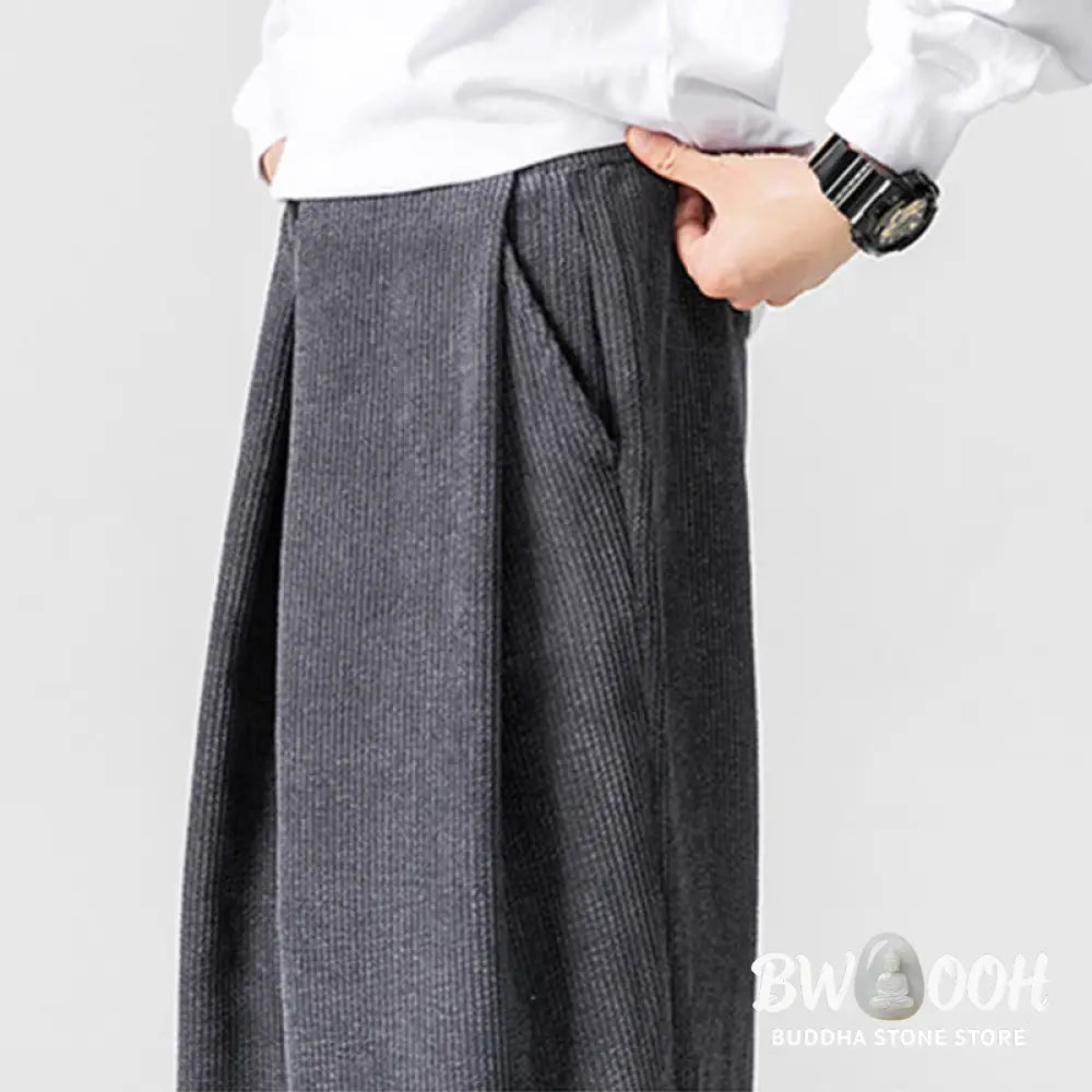 Buddha Stones Solid Color Cotton Corduroy Men’s Wide Leg Pants With Pockets - Men’s Wide Leg Pants