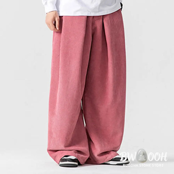Buddha Stones Solid Color Cotton Corduroy Men’s Wide Leg Pants With Pockets - Men’s Wide Leg Pants