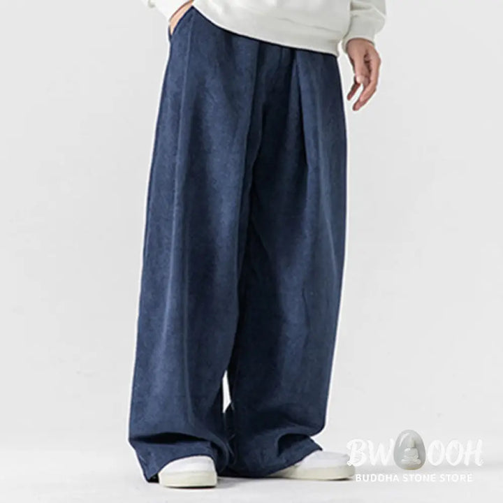 Buddha Stones Solid Color Cotton Corduroy Men’s Wide Leg Pants With Pockets - Men’s Wide Leg Pants