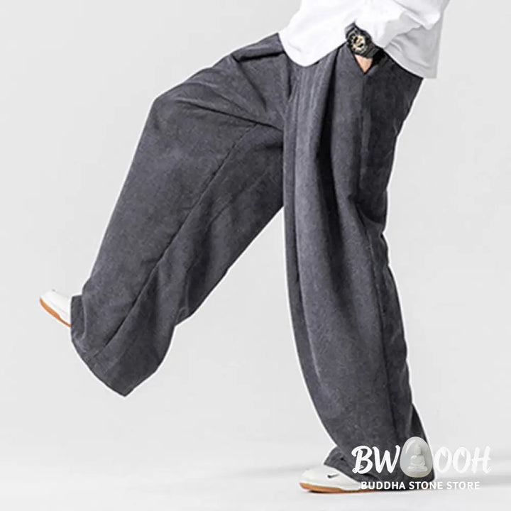 Buddha Stones Solid Color Cotton Corduroy Men’s Wide Leg Pants With Pockets - Men’s Wide Leg Pants