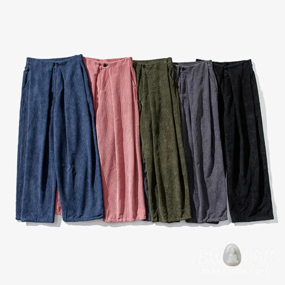 Buddha Stones Solid Color Cotton Corduroy Men’s Wide Leg Pants With Pockets - Men’s Wide Leg Pants