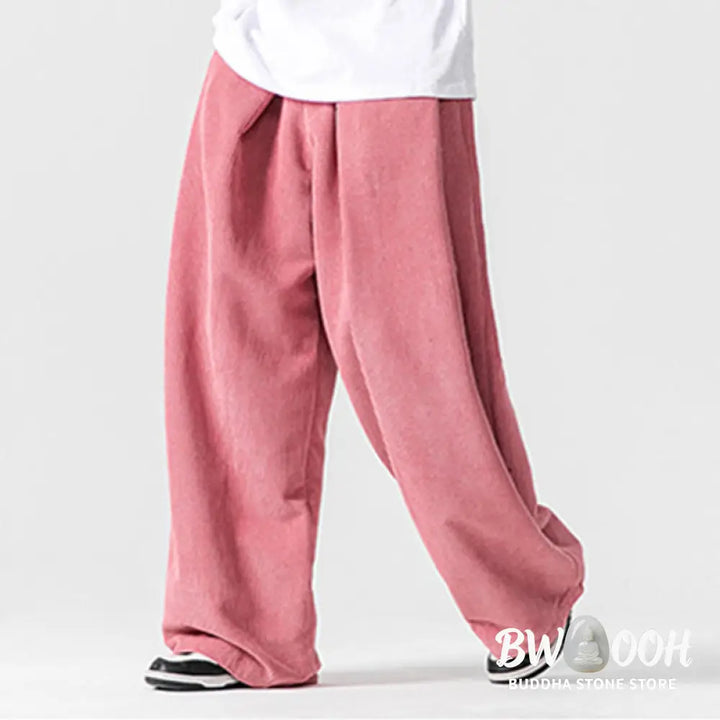 Buddha Stones Solid Color Cotton Corduroy Men’s Wide Leg Pants With Pockets - Men’s Wide Leg Pants