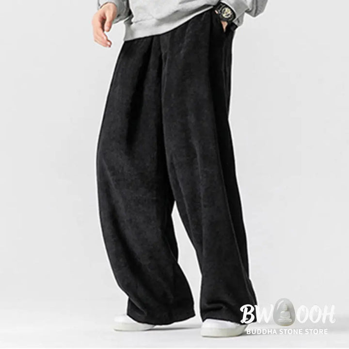 Buddha Stones Solid Color Cotton Corduroy Men’s Wide Leg Pants With Pockets - Men’s Wide Leg Pants