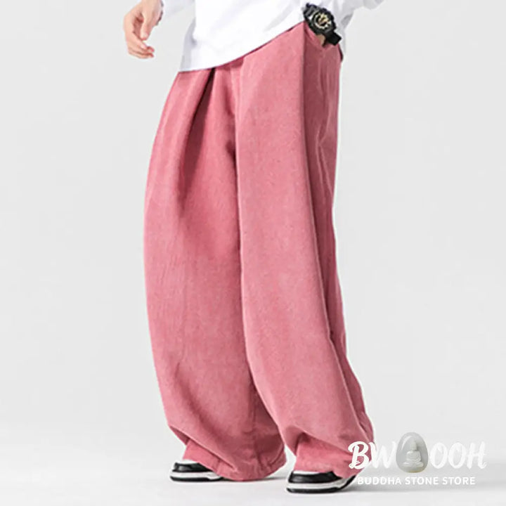 Buddha Stones Solid Color Cotton Corduroy Men’s Wide Leg Pants With Pockets - Men’s Wide Leg Pants