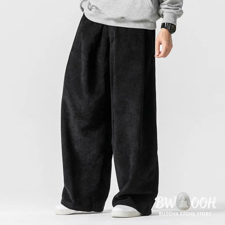 Buddha Stones Solid Color Cotton Corduroy Men’s Wide Leg Pants With Pockets - Men’s Wide Leg Pants