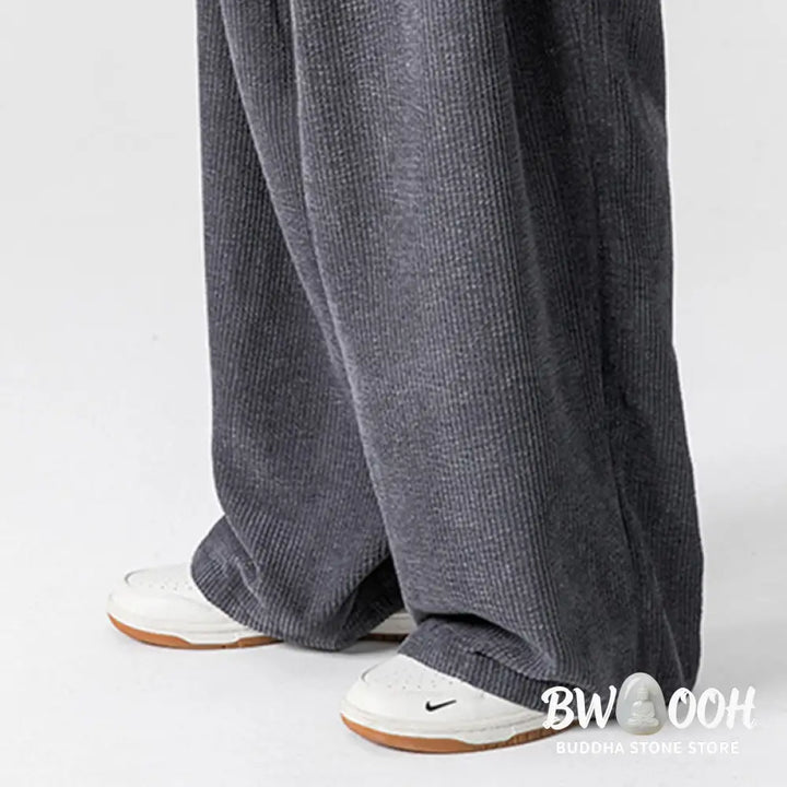 Buddha Stones Solid Color Cotton Corduroy Men’s Wide Leg Pants With Pockets - Men’s Wide Leg Pants
