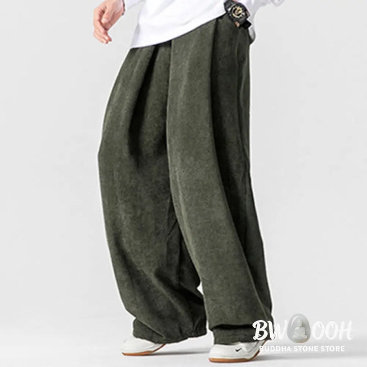 Buddha Stones Solid Color Cotton Corduroy Men’s Wide Leg Pants With Pockets - Men’s Wide Leg Pants
