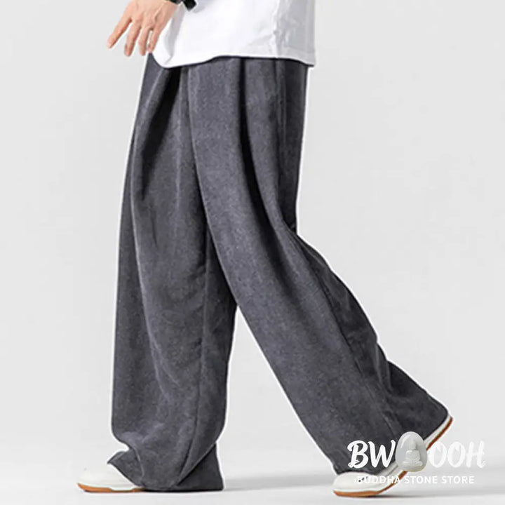 Buddha Stones Solid Color Cotton Corduroy Men’s Wide Leg Pants With Pockets - Men’s Wide Leg Pants