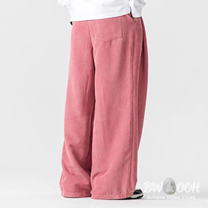 Buddha Stones Solid Color Cotton Corduroy Men’s Wide Leg Pants With Pockets - Men’s Wide Leg Pants