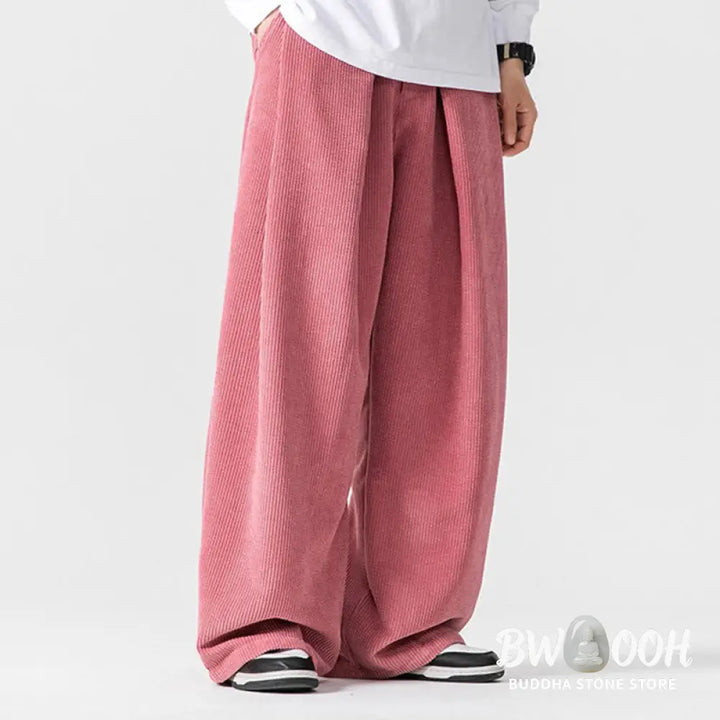 Buddha Stones Solid Color Cotton Corduroy Men’s Wide Leg Pants With Pockets - Men’s Wide Leg Pants