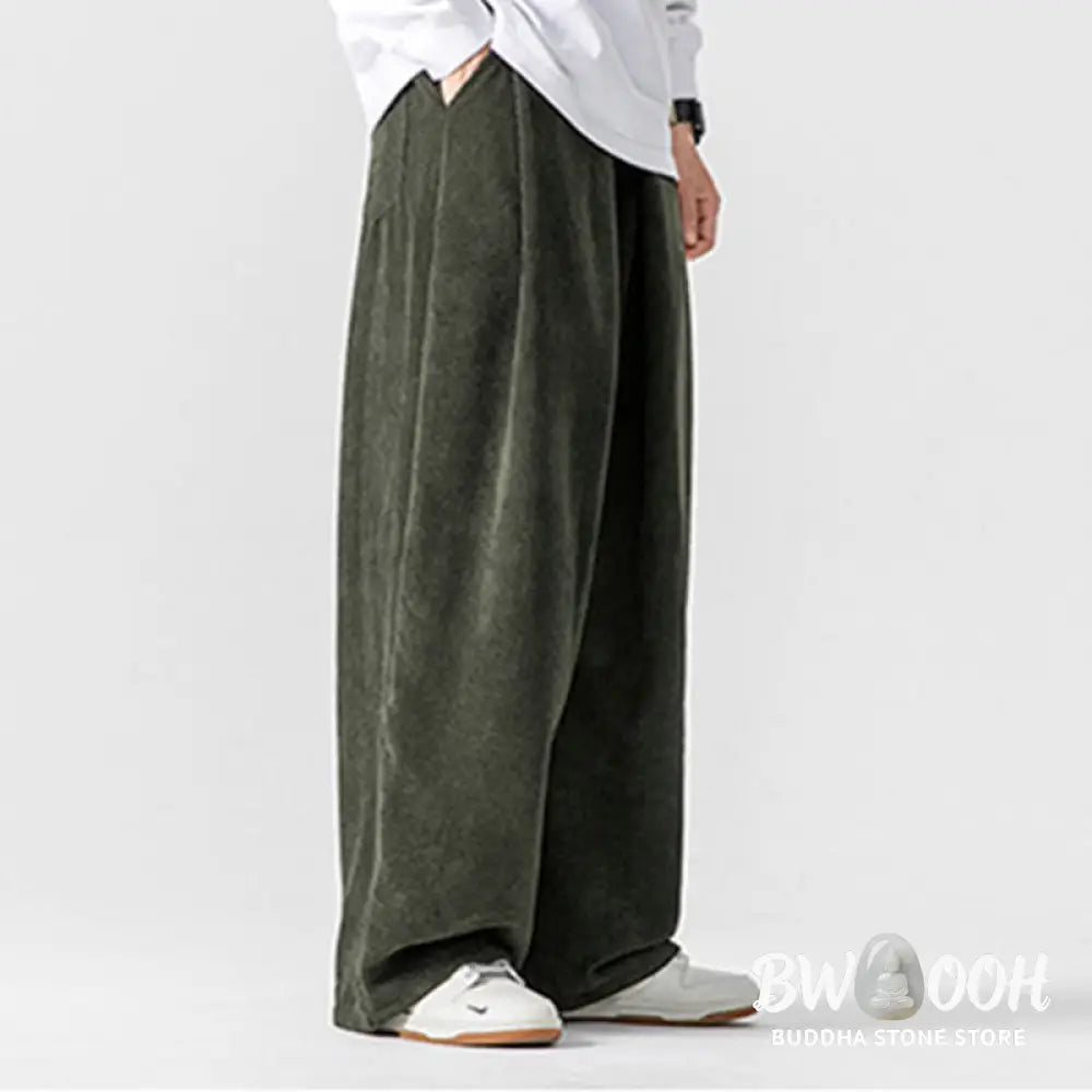 Buddha Stones Solid Color Cotton Corduroy Men’s Wide Leg Pants With Pockets - Men’s Wide Leg Pants