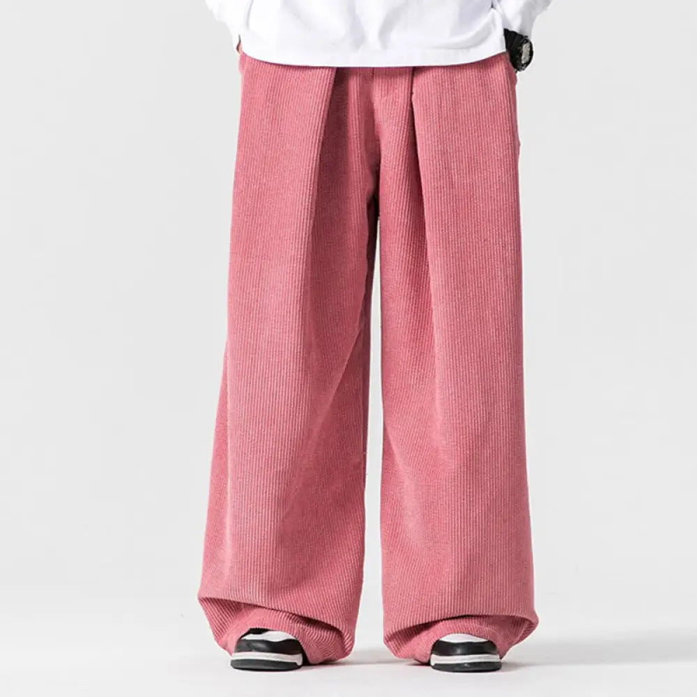 Buddha Stones Solid Color Cotton Corduroy Men’s Wide Leg Pants With Pockets - Pink / US/UK/AU36，EU46 (L) - Men’s Wide