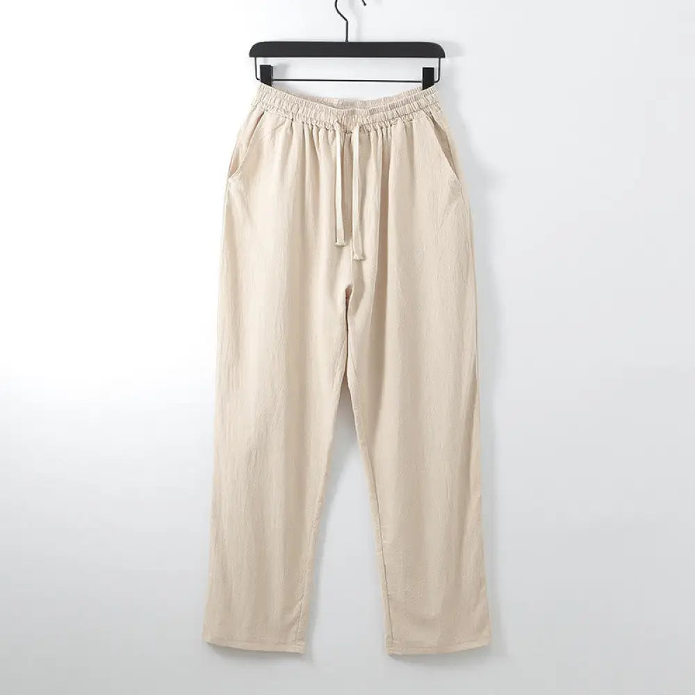 Buddha Stones Solid Color Cotton Linen Casual Loose Men’s Pants With Pockets - PeachPuff / US/UK/AU34，EU44 (M) - Men’s