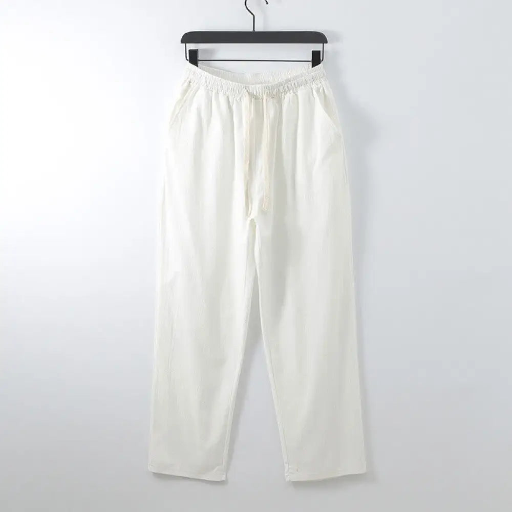 Buddha Stones Solid Color Cotton Linen Casual Loose Men’s Pants With Pockets - White / US/UK/AU34，EU44 (M) - Men’s Pants