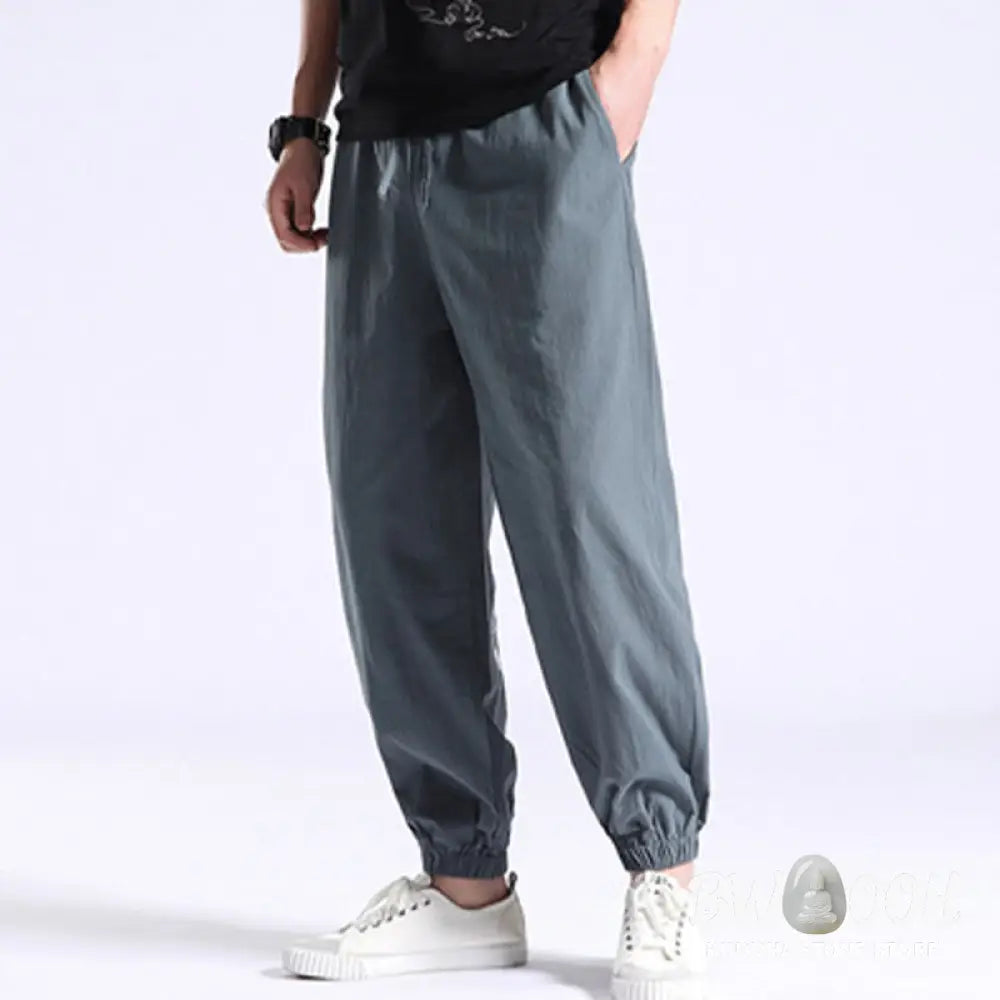 Buddha Stones Solid Color Cotton Linen Casual Men’s Harem Pants With Pockets - Men’s Tapered Pants
