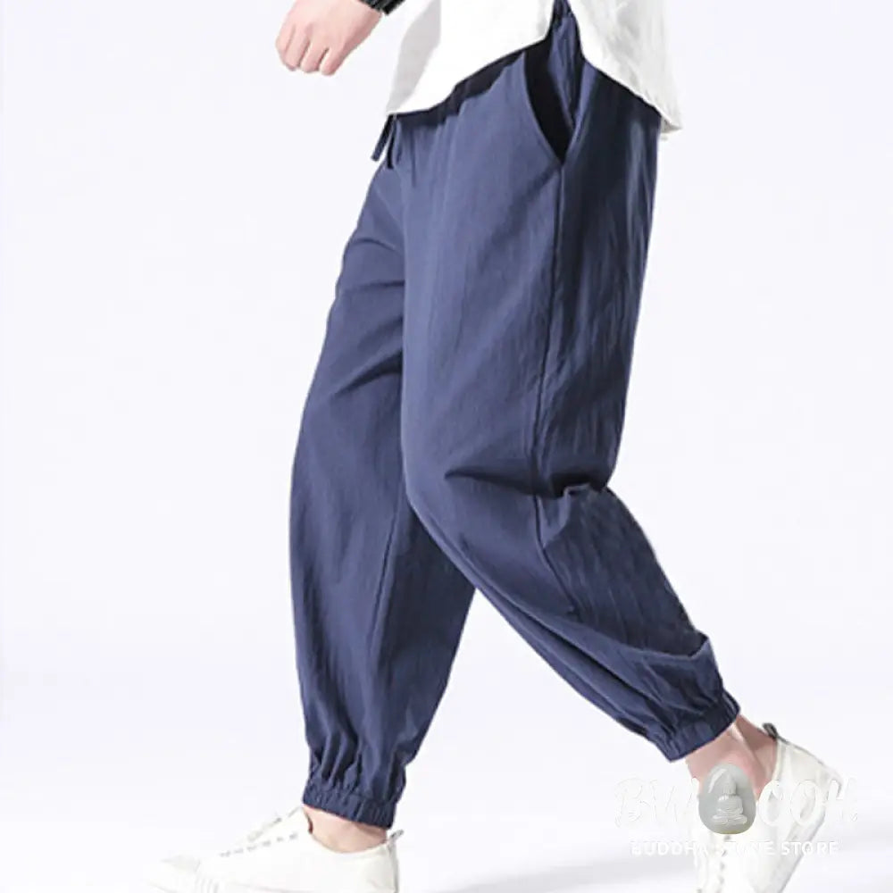 Buddha Stones Solid Color Cotton Linen Casual Men’s Harem Pants With Pockets - Men’s Tapered Pants