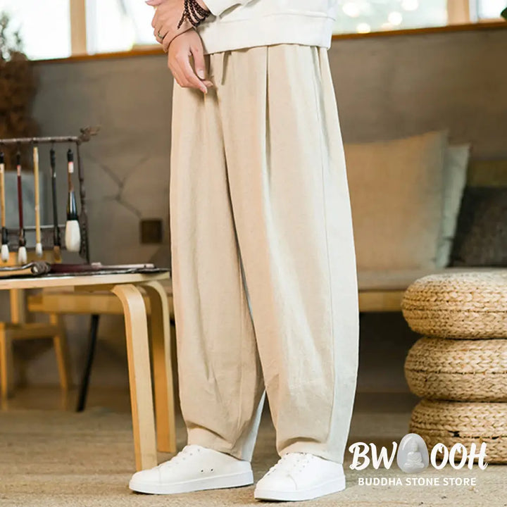 Buddha Stones Solid Color Cotton Linen Drawstring Men’s Harem Pants With Pockets - Men’s Harem Pants