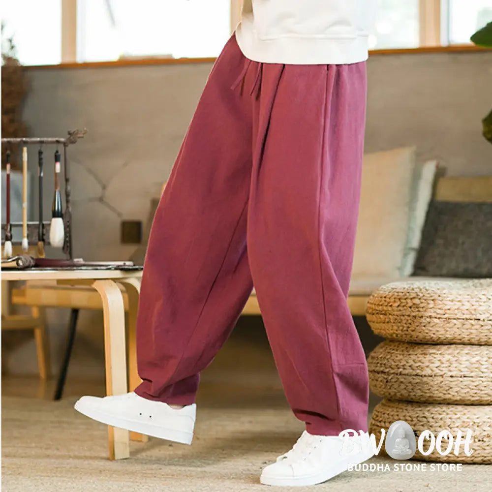 Buddha Stones Solid Color Cotton Linen Drawstring Men’s Harem Pants With Pockets - Men’s Harem Pants