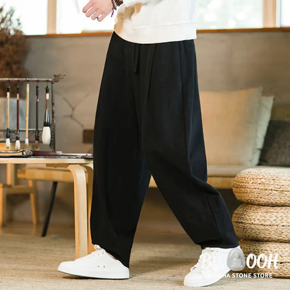 Buddha Stones Solid Color Cotton Linen Drawstring Men’s Harem Pants With Pockets - Men’s Harem Pants