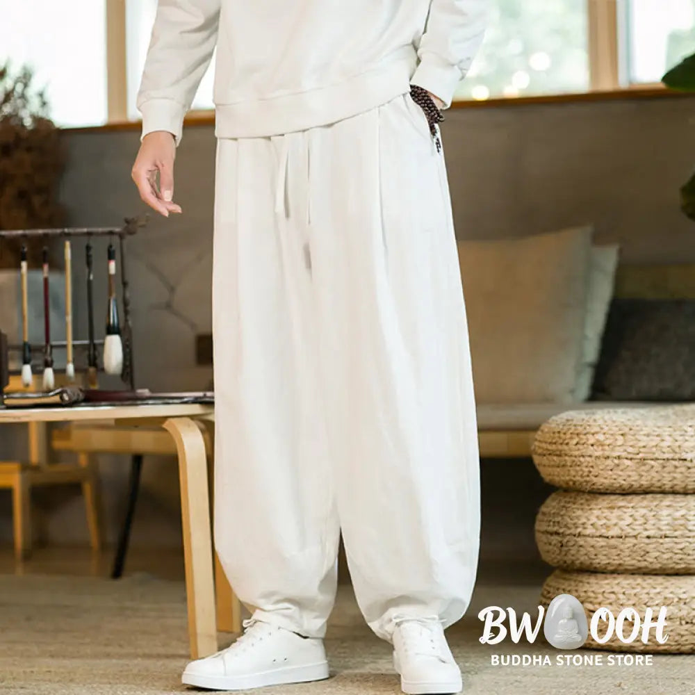 Buddha Stones Solid Color Cotton Linen Drawstring Men’s Harem Pants With Pockets - Men’s Harem Pants