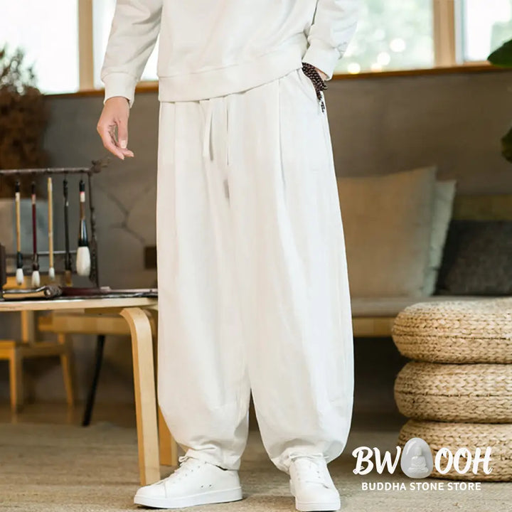 Buddha Stones Solid Color Cotton Linen Drawstring Men’s Harem Pants With Pockets - Men’s Harem Pants