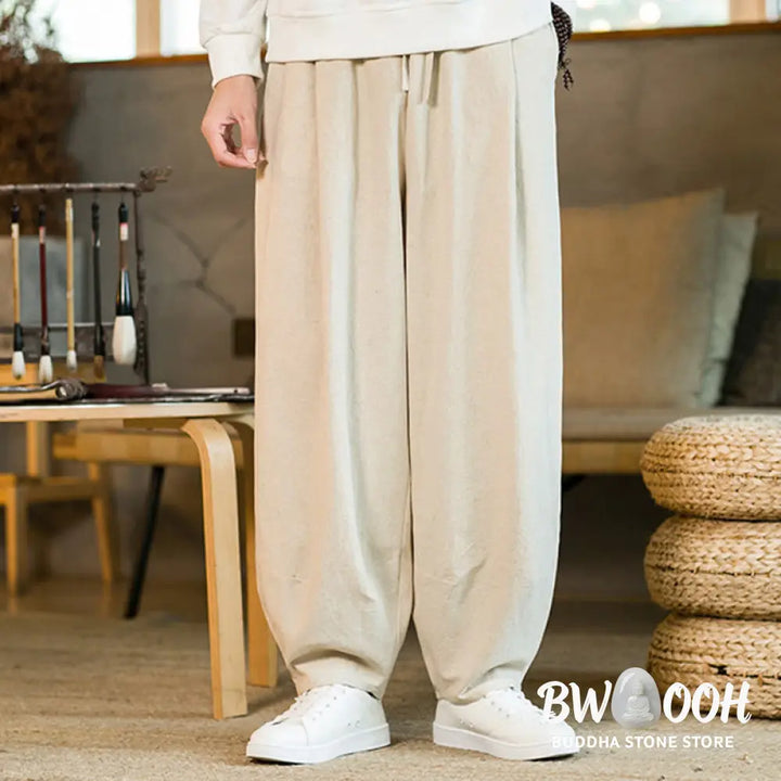 Buddha Stones Solid Color Cotton Linen Drawstring Men’s Harem Pants With Pockets - Men’s Harem Pants