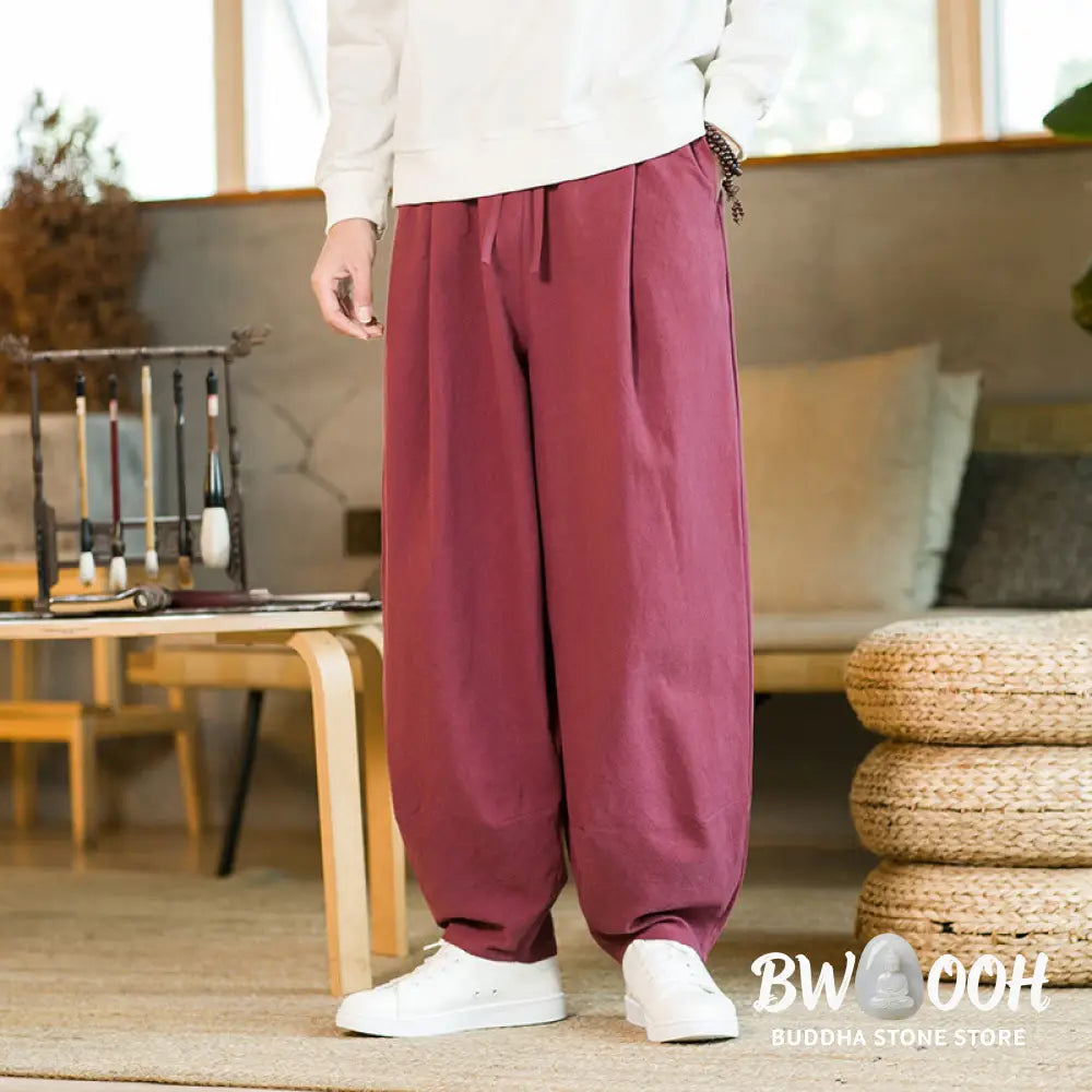 Buddha Stones Solid Color Cotton Linen Drawstring Men’s Harem Pants With Pockets - Men’s Harem Pants