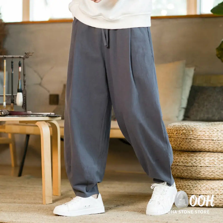 Buddha Stones Solid Color Cotton Linen Drawstring Men’s Harem Pants With Pockets - Men’s Harem Pants