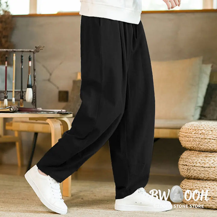 Buddha Stones Solid Color Cotton Linen Drawstring Men’s Harem Pants With Pockets - Men’s Harem Pants
