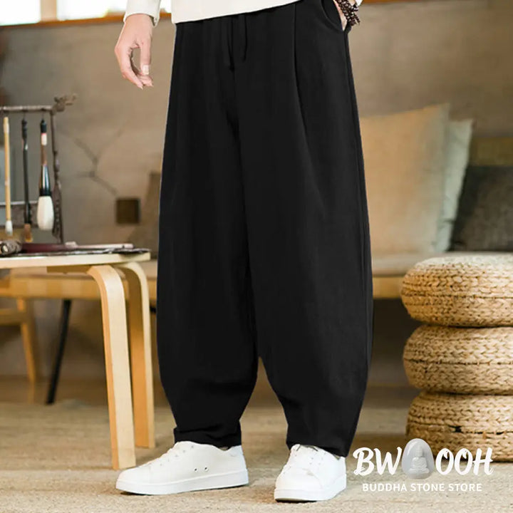 Buddha Stones Solid Color Cotton Linen Drawstring Men’s Harem Pants With Pockets - Men’s Harem Pants