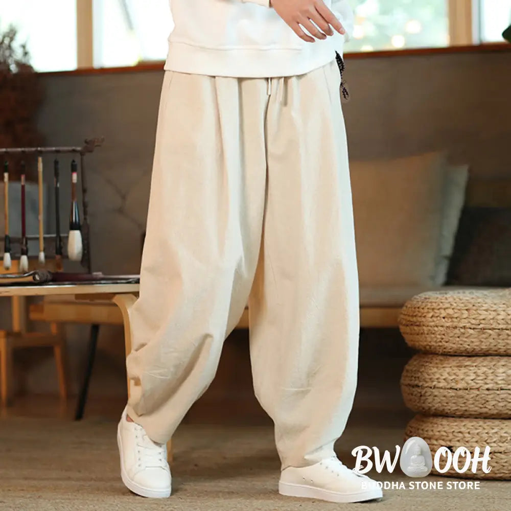 Buddha Stones Solid Color Cotton Linen Drawstring Men’s Harem Pants With Pockets - Men’s Harem Pants