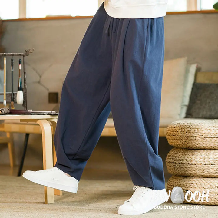 Buddha Stones Solid Color Cotton Linen Drawstring Men’s Harem Pants With Pockets - Men’s Harem Pants