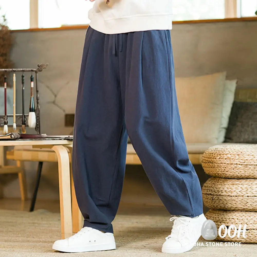 Buddha Stones Solid Color Cotton Linen Drawstring Men’s Harem Pants With Pockets - Men’s Harem Pants