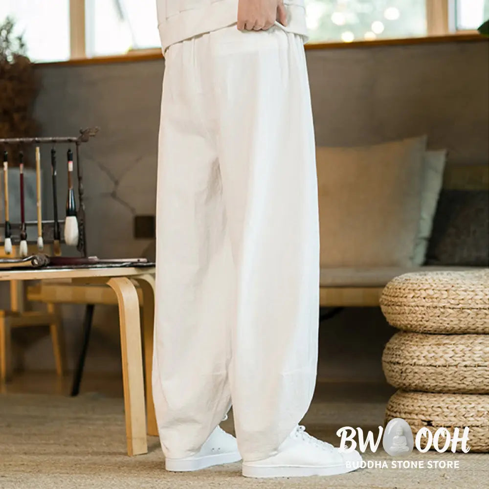 Buddha Stones Solid Color Cotton Linen Drawstring Men’s Harem Pants With Pockets - Men’s Harem Pants