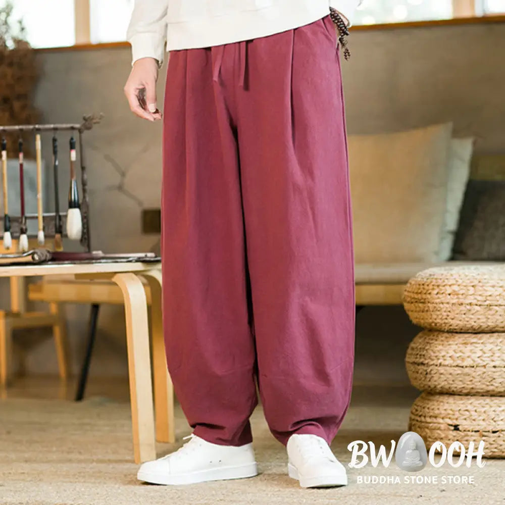 Buddha Stones Solid Color Cotton Linen Drawstring Men’s Harem Pants With Pockets - Men’s Harem Pants