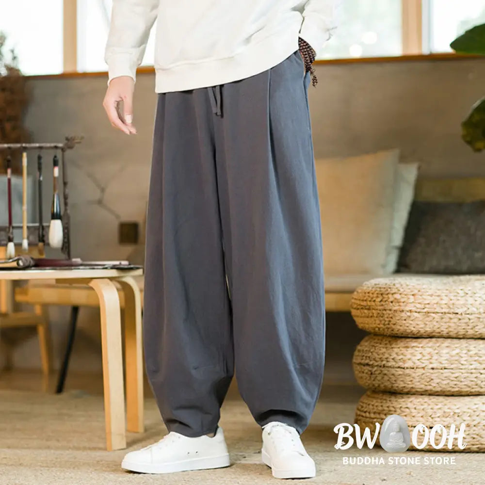 Buddha Stones Solid Color Cotton Linen Drawstring Men’s Harem Pants With Pockets - Men’s Harem Pants