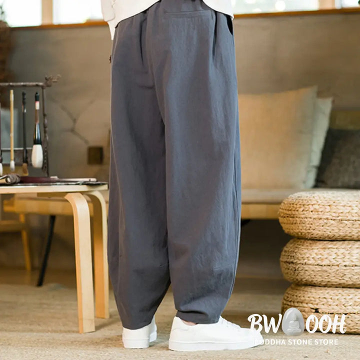Buddha Stones Solid Color Cotton Linen Drawstring Men’s Harem Pants With Pockets - Men’s Harem Pants