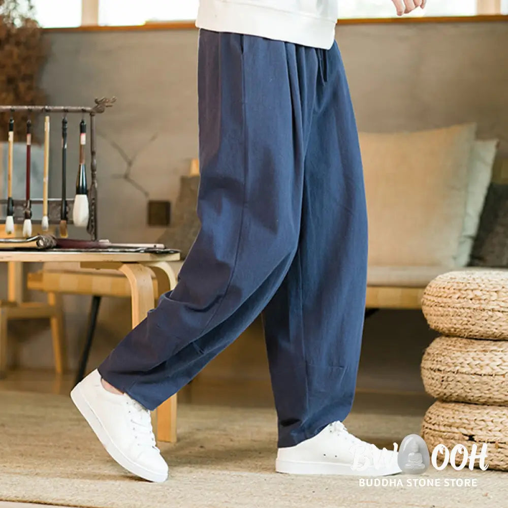 Buddha Stones Solid Color Cotton Linen Drawstring Men’s Harem Pants With Pockets - Men’s Harem Pants