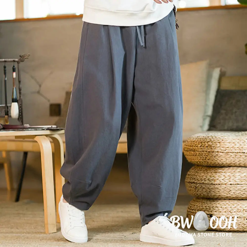 Buddha Stones Solid Color Cotton Linen Drawstring Men’s Harem Pants With Pockets - Men’s Harem Pants