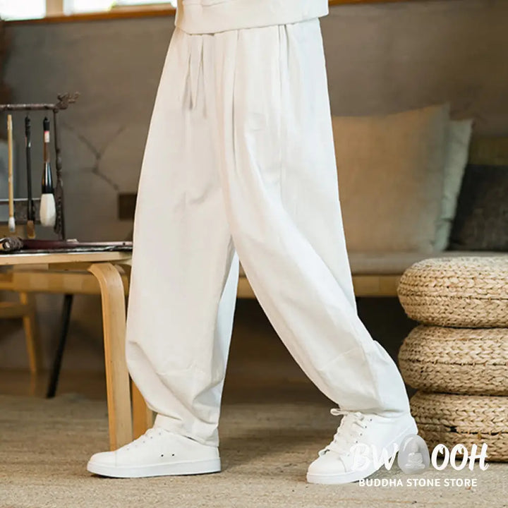 Buddha Stones Solid Color Cotton Linen Drawstring Men’s Harem Pants With Pockets - Men’s Harem Pants